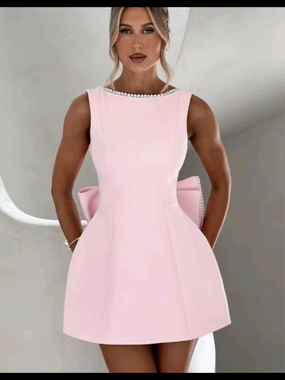 Sleeveless Pink Pearl-Trim A-Line Mini Dress